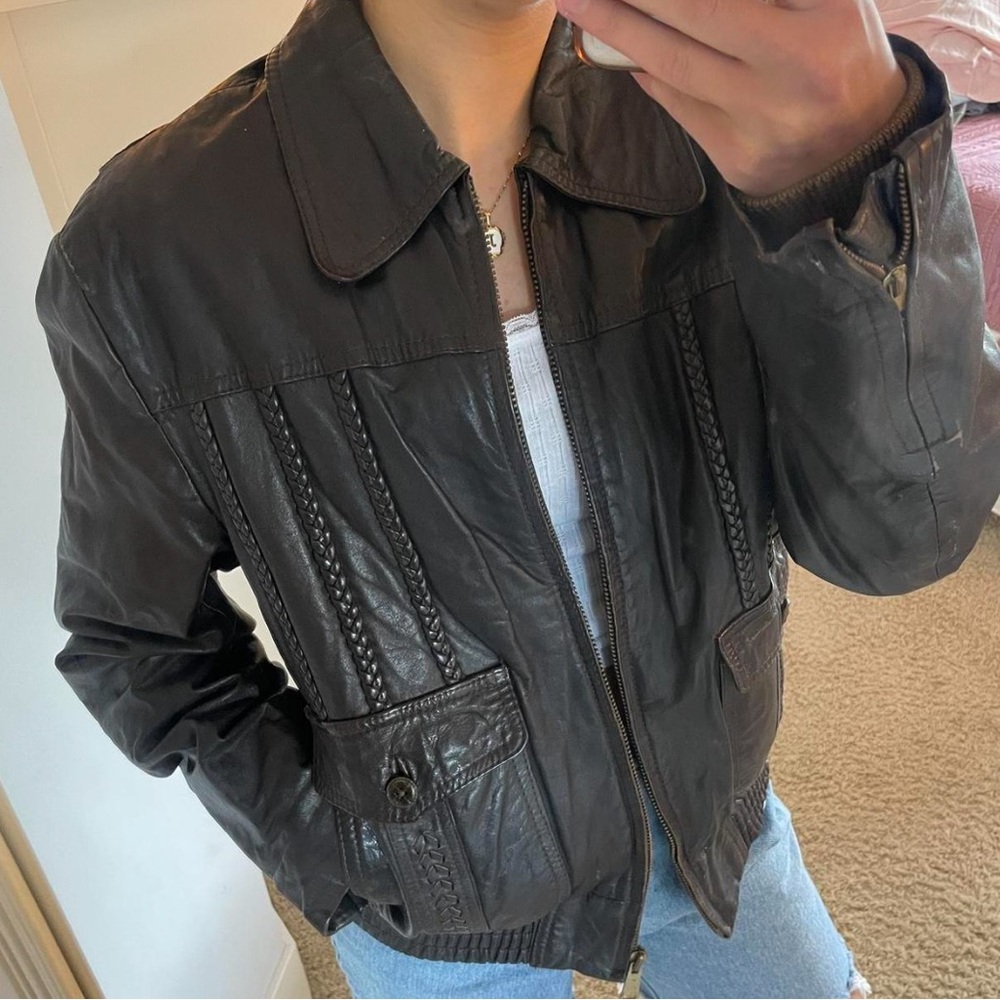 Vintage Brown Leather Bomber Jacket